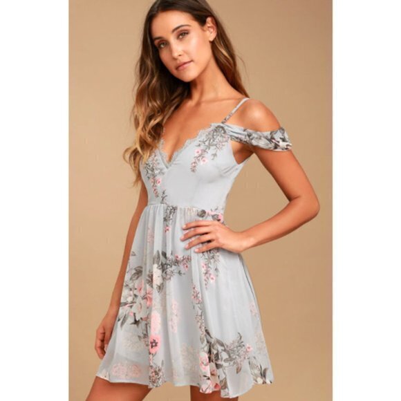 Lulu's Verona Off-the-Shoulder Lace‎ Dress Light Blue Floral Print Womens… - Picture 3 of 13
